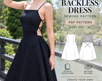 Backless Dress Sewing Pattern PDF, Open Back Dress, Summer Dress, Beginner