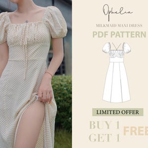 Op de afbeelding: Een digitale illustratie van een witte milkmaid maxi-jurk met een vierkante halslijn, pofmouwen en een strik aan de voorkant. De tekst "Ophelia Milkmaid Maxi Dress PDF Pattern" staat boven de illustratie. De tekst "Beperkt aanbod Koop 1 Krijg 1 Gratis" staat onder de illustratie.
