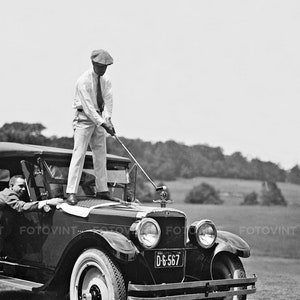 Vintage GOLF ANTIQUE Car Photo Picture GOLFER Teeing off Hood Ornament B&W Old Photograph Print Wall Decor 5x7, 8x10, 8.5x11, 11x14, 16x20