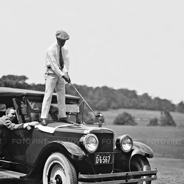 Vintage GOLF ANTIQUE Car Photo Picture GOLFER Teeing off Hood Ornament B&W Old Photograph Print Wall Decor 5x7, 8x10, 8.5x11, 11x14, 16x20