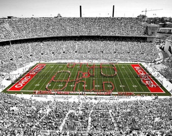 May include: An aerial view of a football stadium filled with spectators. The field is green with white yard lines and red end zones. A marching band is performing on the field, forming the letters "O-H-I-O" and "BUCKEYES" in red.