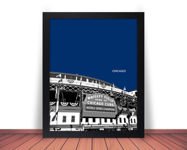 May include: A black and white illustration of Wrigley Field, home of the Chicago Cubs, against a dark blue background. The sign reads "Wrigley Field, Home of the Chicago Cubs, World Series Champions". The text "Chicago" is at the top of the image.