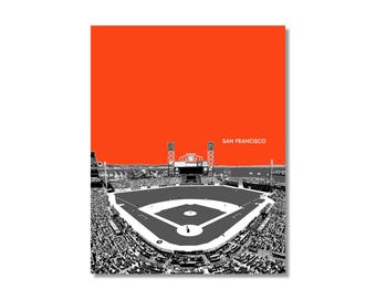 May include: A black and white illustration of a baseball stadium with a crowd of people in the stands. The stadium is set against a bright orange background with the text "SAN FRANCISCO" in white.