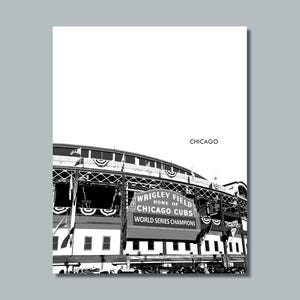 May include: Black and white photograph of Wrigley Field, home of the Chicago Cubs, with the sign reading "Wrigley Field Home of Chicago Cubs World Series Champions". The photo is captioned "Chicago" in the top right corner.