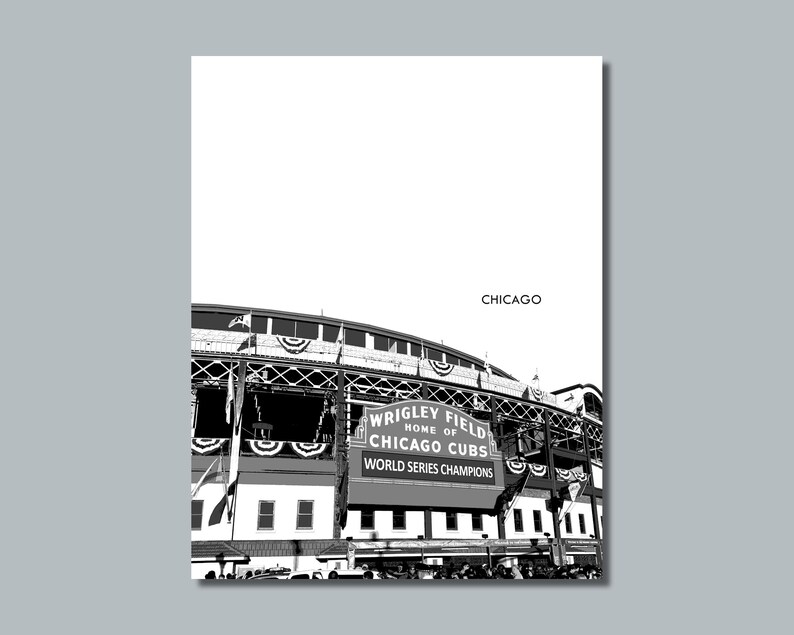 May include: Black and white photograph of Wrigley Field, home of the Chicago Cubs, with the sign reading "Wrigley Field Home of Chicago Cubs World Series Champions". The photo is captioned "Chicago" in the top right corner.