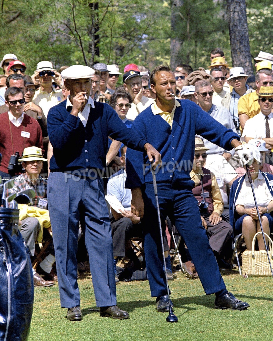 Vintage golf shots of Ben Hogan, Arnold Palmer, and Jack Nicklaus on historic courses