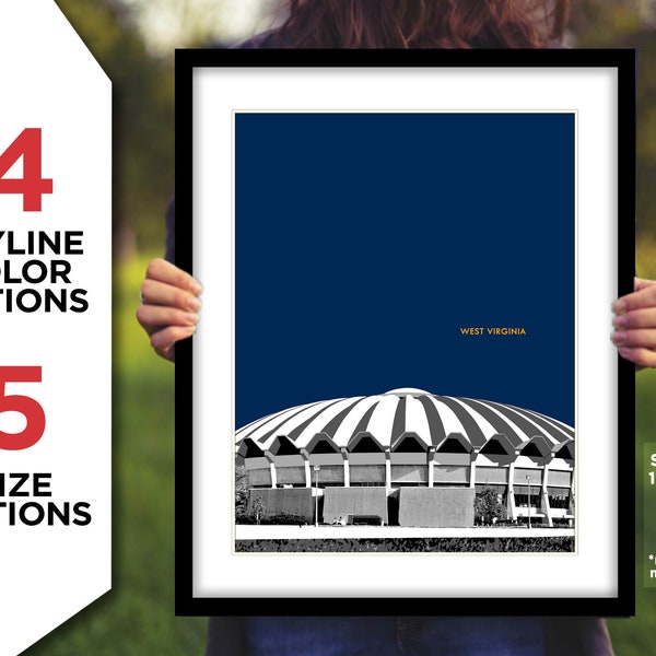 WVU COLISEUM Morgantown, West Virginia Photo Picture Basketball Skyline Poster Print 8x10, 8.5x11, 11x14, 11x17, 16x20 (ext) cbb