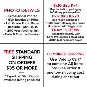 May include: A graphic with information about photo details, shipping options, and combined shipping for framed items.  The text includes details about the quality of the prints, shipping sizes, and free standard shipping on orders of $35 or more.