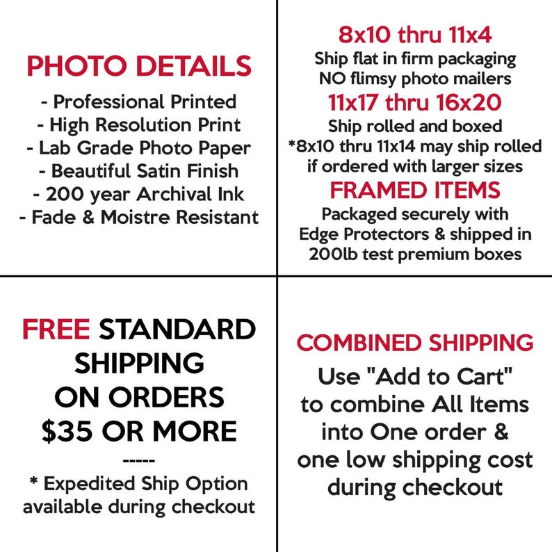 May include: A graphic with information about photo details, shipping options, and combined shipping for framed items.  The text includes details about the quality of the prints, shipping sizes, and free standard shipping on orders of $35 or more.