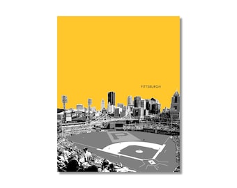 May include: A black and white illustration of the Pittsburgh skyline with a baseball field in the foreground. The skyline includes skyscrapers and bridges. The baseball field has a large 'P' in the centre. The background is a solid yellow colour. The text 'PITTSBURGH' is at the top of the image.