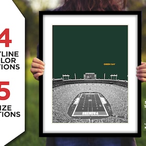 May include: A black and white aerial view of Lambeau Field, home of the Green Bay Packers, with a green background. The text "GREEN BAY" is in gold lettering at the top of the image.
