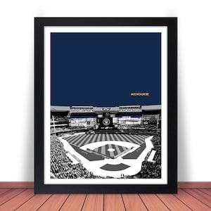May include: A black and white illustration of a baseball stadium with a blue background. The stadium is called "Milwaukee".