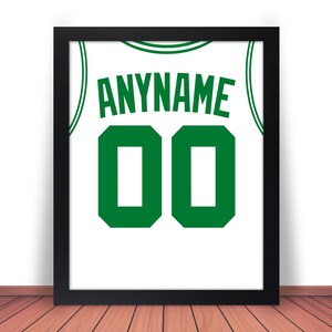 Póster de baloncesto personalizado con foto comparable de los BOSTON CELTICS (cualquier nombre y número) 8x10, 8.5x11, 11x14, 16x20 con opción de marco (bos jz w)