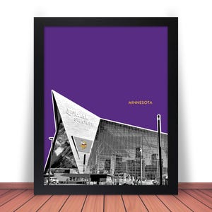 May include: A black and white illustration of U.S. Bank Stadium in Minneapolis, Minnesota. The stadium is set against a purple background with the word "Minnesota" in orange text.