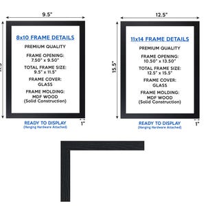 May include: Two black picture frames with white text detailing the frame size and dimensions. The frames are 8x10 inches and 11x14 inches. The text reads "Premium Quality" and includes the frame opening and total frame size in inches.