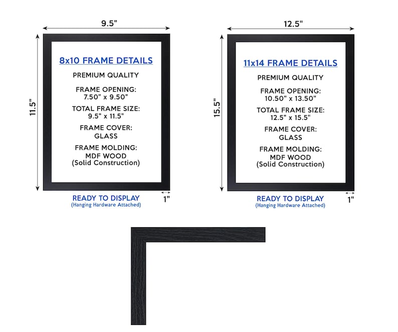 May include: Two black picture frames with white text detailing the frame size and dimensions. The frames are 8x10 inches and 11x14 inches. The text reads "Premium Quality" and includes the frame opening and total frame size in inches.