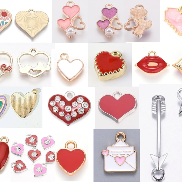 6 or 12 Heart Enamel Charms, Red Lips, Arrow, Valentine's Day, Anniversary, Sweetest Day, Love, Peace, Red Pink Gold Silver, Rhinestone, DIY