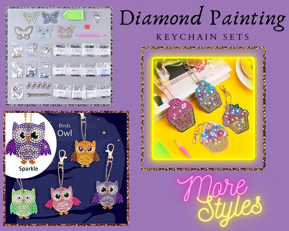5D DIY Keychain Set Diamond Painting, Kid's Crafts, Rhinestones, Paint by Number, Owl, Cupcake, Elephant, Skull, Butterfly, 4 to 5 Keychains