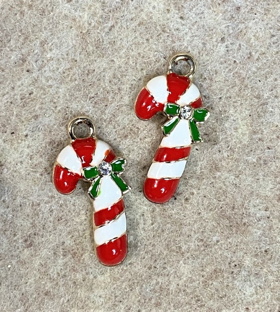 6 or 12 Red and White Candy Cane Charms with Rhinestones and Green Bow, Light Gold Metal, DIY Jewelry Making, DIY Crafts, Christmas, Holiday