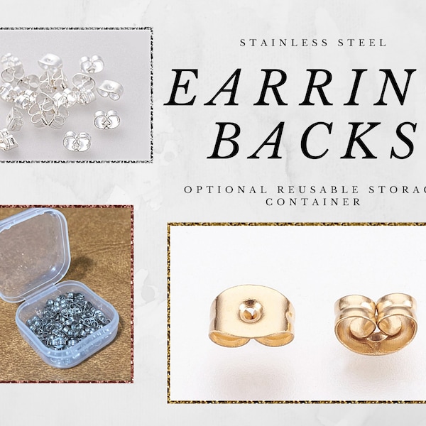 20, 50, or 100 (10, 25, 50 pair) Stainless Steel Earring Backs/Nuts, Gold, Silver, Platinum, Optional Container, Hypoallergenic, 0.8mm Hole