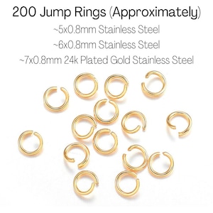 200 Open or Closed Jump Rings, 5mm, 6mm, or 7mm 24k Plated, 20 Gauge, 0.8mm Thickness, Golden Stainless Steel, Metal Connectors, DIY Jewelry