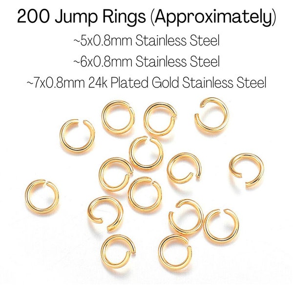 200 Open or Closed Jump Rings, 5mm, 6mm, or 7mm 24k Plated, 20 Gauge, 0.8mm Thickness, Golden Stainless Steel, Metal Connectors, DIY Jewelry