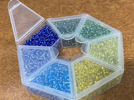 Bulk Seed Bead Kit, 7 Colors, Shades of Blue, Green, and Yellow, Different Compartments, Reusable Container, Size 12/0, Over 9000 Beads