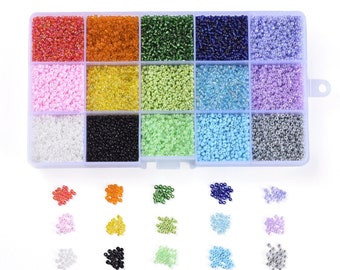 Puede incluir: Un organizador de plástico transparente lleno de cuentas de semillas de colores. Las cuentas están dispuestas en filas de rojo, naranja, verde, azul y morado. Cuentas adicionales en varios colores se muestran debajo, perfectas para la fabricación de joyas y manualidades.