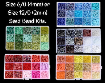 May include: A set of 24 seed bead kits in a clear plastic storage box. The beads are in various colors, including blue, green, red, orange, and white. The beads are labeled as size 6/0 (4mm) or size 12/0 (2mm).
