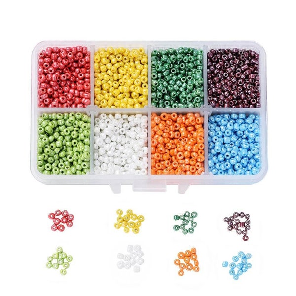 8 Color Glass Seed Bead Kit, Size 6/0, 8/0, or 12/0, Opaque, Mix Color, Reusable Container, About 1,900 or 12,500 Beads, Bulk Seed Bead Lot