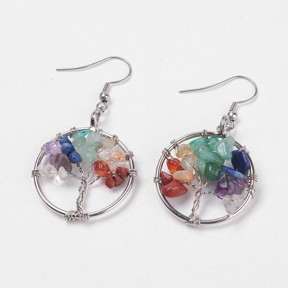 Tree of Life Natural Gemstone Earrings, Mixed Gemstones, Chakra Jewelry, Gemstone Tree Earrings, Stainless Steel, Hypoallergenic