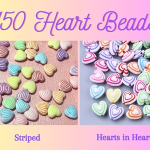 150 Heart Acrylic Beads, Mixed Color, 11mm, DIY Craft, Jewelry Making, Kid&#39;s Crafts, Rainbow Beads, Valentine&#39;s Day, Love, Heart, Stripes