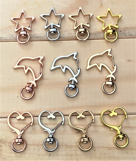 3 or 6 Swivel Spring Clasp Keychain Clips. Choice of Dolphin, Star, or Heart. Silver, Gold, Light Gold, Rose Gold. DIY Keychain, Cute Shapes