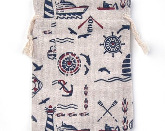 1, 5 or 10 Nautical, Ship, Compass Cloth Drawstring Bags, Packaging, Spice, Nuts, Jewelry, Ocean / Water Theme, Party Favor Bags Wrapping