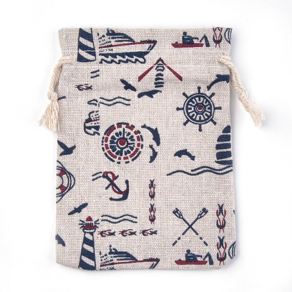 1, 5 or 10 Nautical, Ship, Compass Cloth Drawstring Bags, Packaging, Spice, Nuts, Jewelry, Ocean / Water Theme, Party Favor Bags Wrapping
