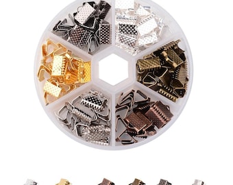 120~240 Piece Mixed Color Ribbon Crimp Ends, 7x10mm or 7x6mm, Clasps, Cord Ends, Bronze, Gold, Silver, Platinum, Gunmetal, Storage Box