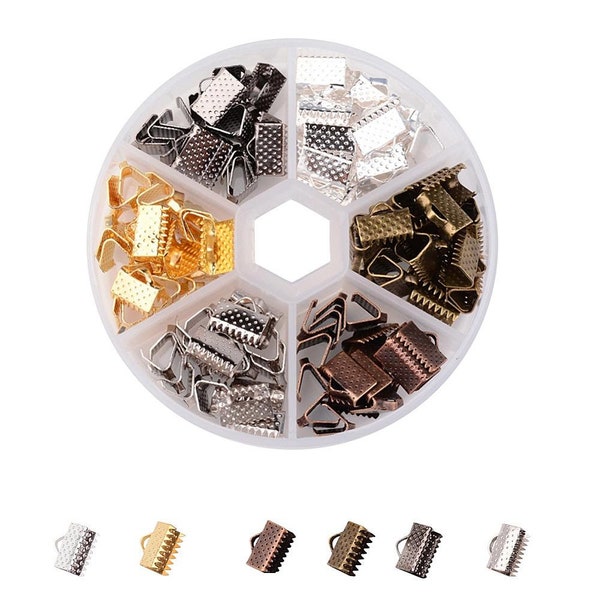 120~240 Piece Mixed Color Ribbon Crimp Ends, 7x10mm or 7x6mm, Clasps, Cord Ends, Bronze, Gold, Silver, Platinum, Gunmetal, Storage Box