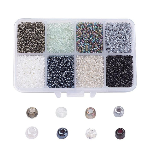 8 Color Glass Seed Bead Kit, Size 12/0, Neutral Colors, Spacer Beads,  Storage Container, Seed Bead Lot, Kit, Clear, Black, White, Grey 