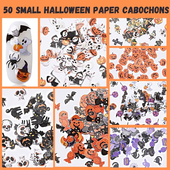 50 (approx) Tiny Halloween Theme Paper Cabochon Flakes, Nail Art, Scrapbooking, DIY, Card Making, Skull, Cat, Crypt, Ghost, Pumpkin, Candy