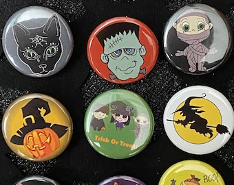 Paquete de 3 botones/pines de Halloween, hechos a mano, artista de Michigan, botones de 1,25, espeluznantes, accesorios de Halloween, fantasmas, brujas, niños, truco o trato