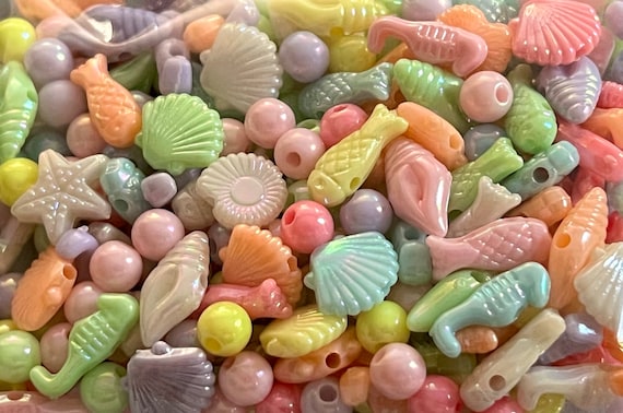 200~250 Aquatic or Round Beads, 6mm, Mixed Color & Shape, Sea Creature Theme, Marine Life, Ocean, Beach, AB Colors, Acrylic, Rainbow, Shell