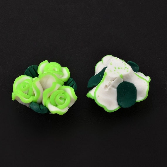 5 or 10 Green and White Polymer Clay Flower Beads, Charms, Spring, St. Patrick's Day, Flower Pendant, Bouquet, DIY Jewelry, DIY Craft's