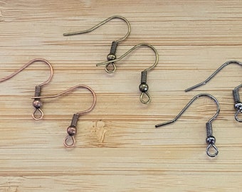 5, 10, 15, 20 Pair Hypoallergenic Iron Earrings, Nickel Free, Antique Bronze, Gunmetal, Red Copper, French Earring Wires, French Ear Hooks