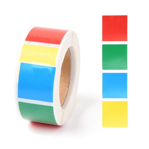 500pcs Roll of Square Stickers, Solid Color Labels, Red Yellow Blue Green, Use For Education, Calendars, Shipping, Garage Sale, 1 inch