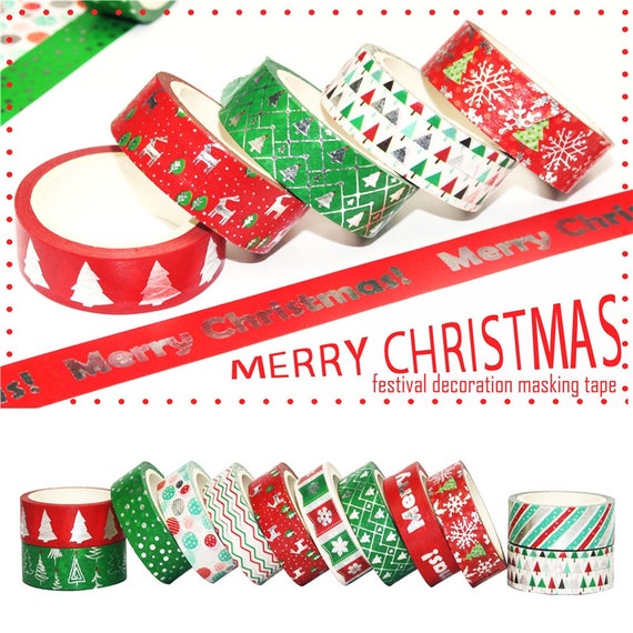 12 Mixed Color & Style Christmas Holiday Adhesive Washi Tape Set