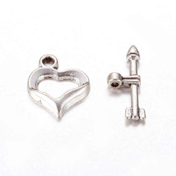 5 or 10 Heart Toggle Clasps, Alloy, Heart and Arrow, DIY, Cupid, Valentines Day Jewelry, Love, Antique Silver, Lead and Cadmium Free