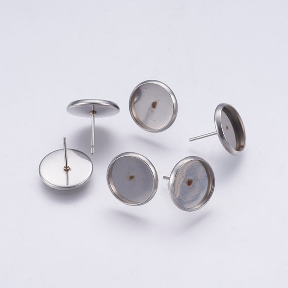 5 or 10 Pairs of Silver Stainless Steel Bezel Cup Earring Studs, Hypoallergenic, 12mm Tray, DIY Cabochon Earrings, Flat Round DIY Earring
