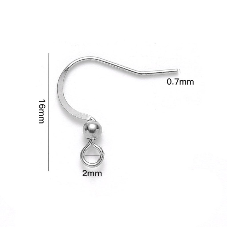 May include: Silver earring hook with a 2 mm loop and a 0.7 mm wire thickness. The hook is 16 mm long.