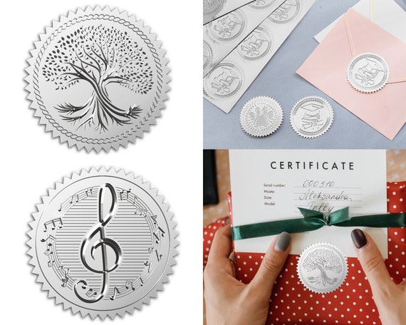 25 Total Silver Foil Embossed Stickers, Tree, Music, Concert, For Certificates, Labels, Card Sealing, Graduation, Ribbon, Medal, Treble Clef
