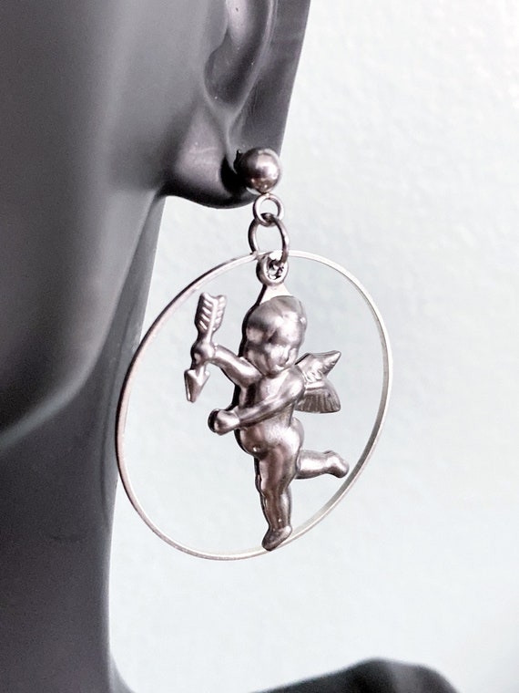 Lightweight Clip-On OR for Pierced Ears, Angel with Arrow, Cupid Earrings, Stainless Steel, Hypoallergenic  Dangle, Cherub, Valentines Day